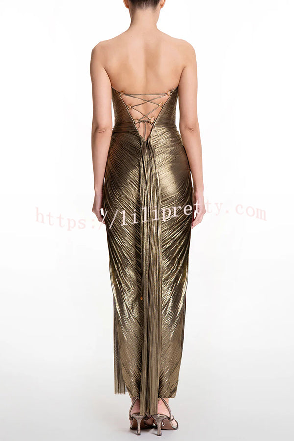 Amisha Metallic Pleated Shell Cups Hollow Gold Pendant Strapless Drape Slit Maxi Dress