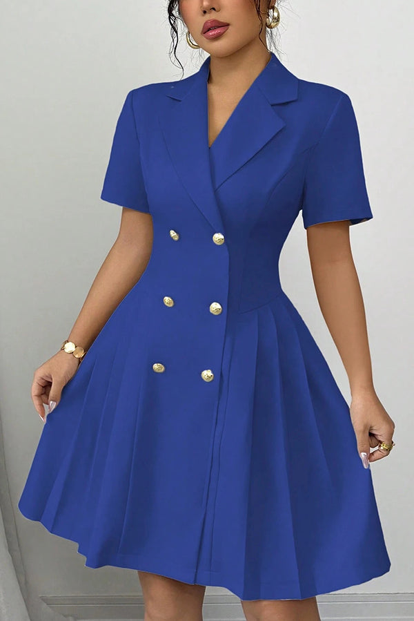 Solid Color Lapel Short Sleeve Button Waist Mini Dress