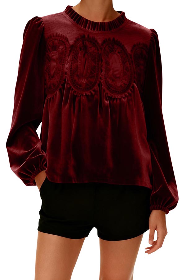 Fashionable Velvet and Lace Patchwork Loose Long-sleeved Top