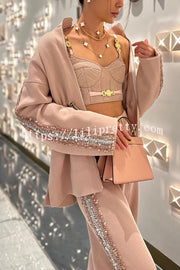 Edan Textured Knit Sequin Patchwork Drawstring Zipper Sweatshirt and Stretch Wide Leg Pants Set