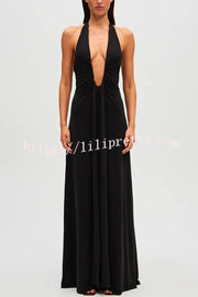 Sexy Silhouette Deep U-neck Halter Waterfall Sash Drape Maxi Dress