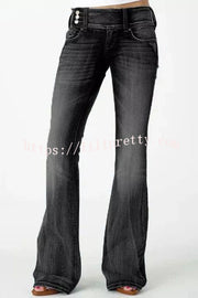 Vintage Side Button Pocket Mid-rise Flared Jeans