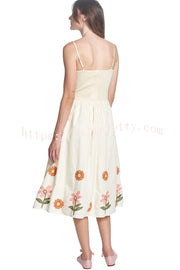 Embroidered Printed Suspenders Pleated Holiday Midi Dress