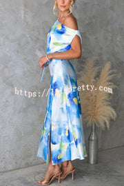 Satin Unique Print One Shoulder Tie Waist Slit Maxi Dress