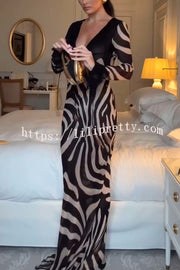 City Night Chiffon Colorblock Animal Print Tie-up Long Sleeve Maxi Dress