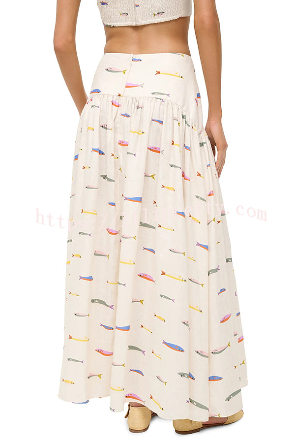 Island Resort Linen Blend Back Smocked Crop Tank and High Rise A-line Maxi Skirt Set