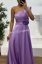 Nasha Satin Pleated One Shoulder Petal Gemstone Detail Pocket Slit Maxi Dress