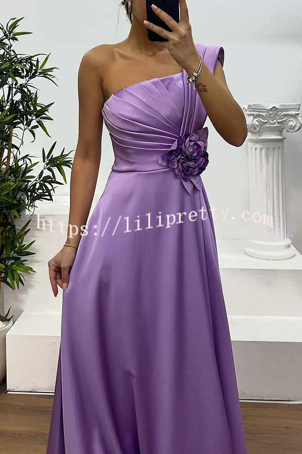 Nasha Satin Pleated One Shoulder Petal Gemstone Detail Pocket Slit Maxi Dress