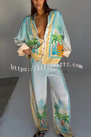 See You in Rio Tropical Fruits Print Button Long Sleeve Loose Blouse