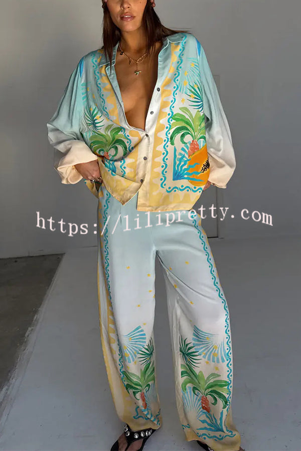 See You in Rio Tropical Fruits Print Button Long Sleeve Loose Blouse