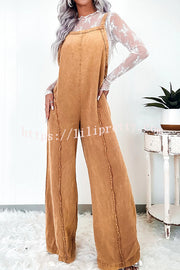 Vintage Washed Denim Raw Edge Elastic Waist Wide Leg Jumpsuit