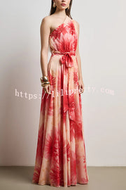 Floral Print One Shoulder Waist Tie Full Hem Resort Style Maxi Dress