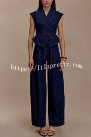 Charley Denim Button Up Cap Short Sleeve Structured Tie-up Lapel Top