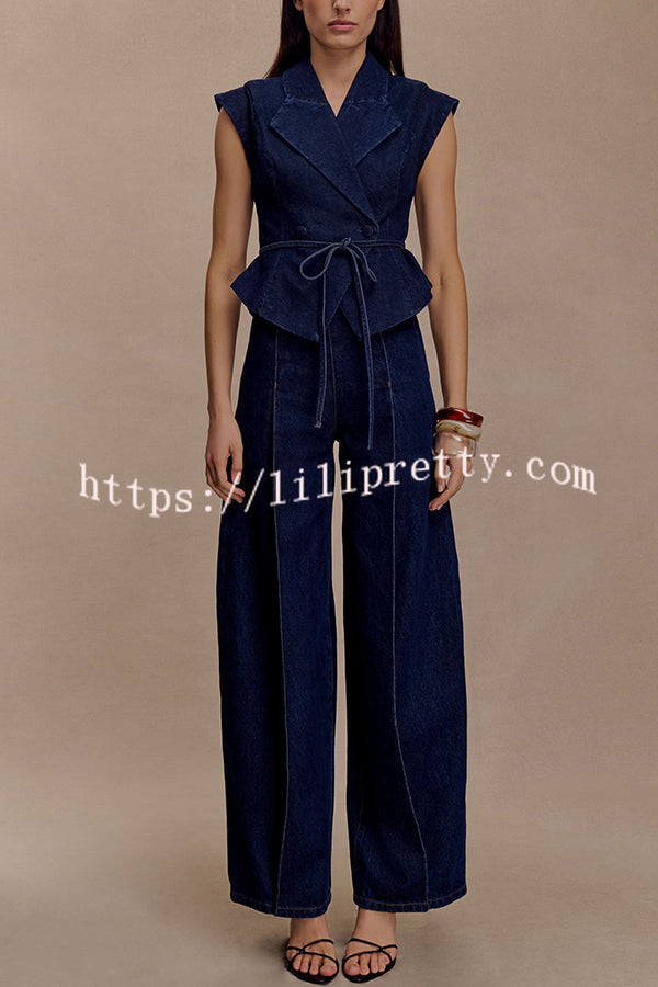 Charley Denim Button Up Cap Short Sleeve Structured Tie-up Lapel Top