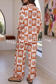Lilipretty Ocean Legend Satin Shell Print Button Up Shirt and Elastic Waist Pants Set