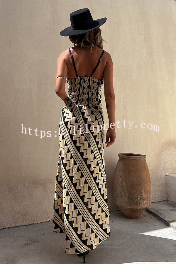 Lilipretty Exclusive Melody Satin Ethnic Print Smocked Back Midi Dress