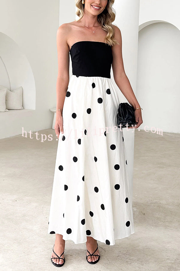 Polka Dot Print Off-shoulder Contrast Color Maxi Dress