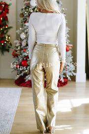 Elevate Style Textured Faux Leather Pocketed Straight Stretch Pants