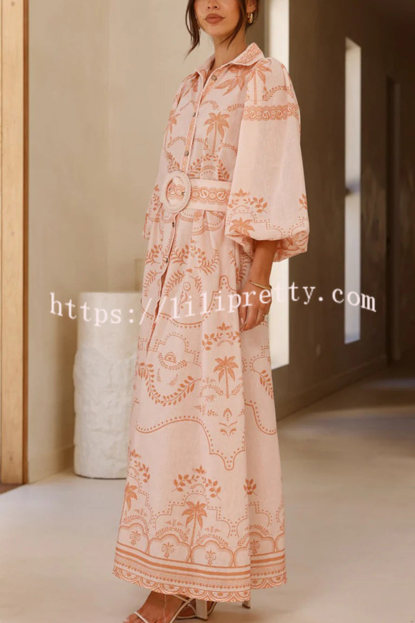 Linen Blend Lapel Puff Sleeve Casual Waist Belted Maxi Dress