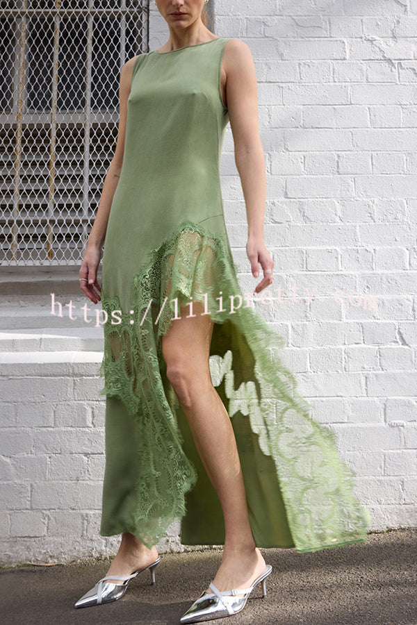 Pretty Soul Satin Lace Trim Wide Neck Irregular Hem Slit Maxi Dress