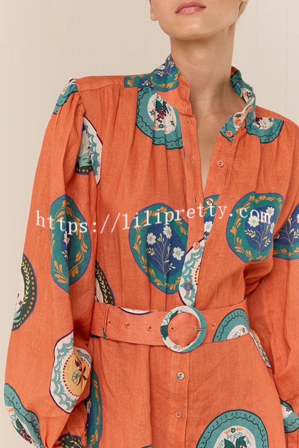 Linen Blend Unique Print Belted Single-breasted Casual Maxi Dress
