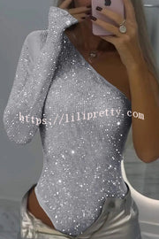 Solid Color Sequined One-shoulder Slim-fit Rompers