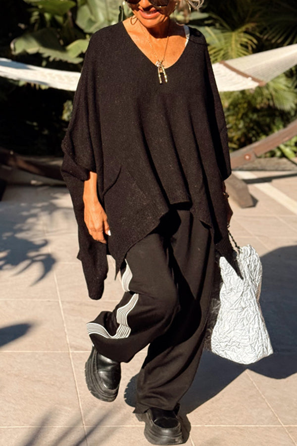 Fashion V-neck Loose Pocket Mid-length Knitted Poncho Sweater