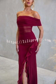 Sexy Mesh Off-shoulder Slim Fit Ruffled Slit Maxi Dress