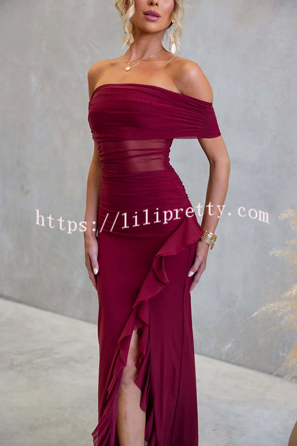 Sexy Mesh Off-shoulder Slim Fit Ruffled Slit Maxi Dress