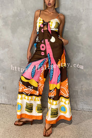 Unique Printed Suspenders Hollow Waist Wide-leg Jumpsuit