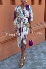Lilipretty® Luxury Party Satin Tie-dye Print V-neck Long Sleeve Shirt