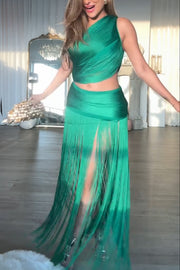 Dancing Miracle One Shoulder High Waist Hollow Design Tassel Hem Drape Mini Dress