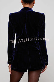 Bold Modern Velvet Contrast Satin Lapel Blazer and High Rise Pocket Shorts Set