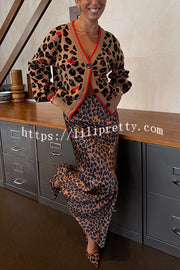 Perfect for Winter Leopard Cherry Print Satin Elastic Waist Draped Maxi Dress