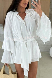 Solid Color V-neck Ruffled Long Sleeve Waist Tie Mini Dress