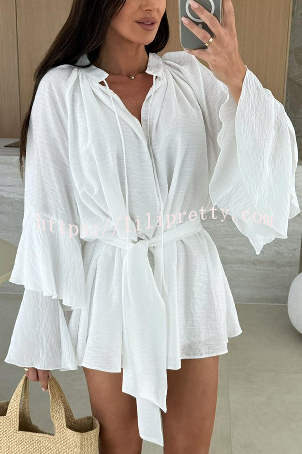 Solid Color V-neck Ruffled Long Sleeve Waist Tie Mini Dress