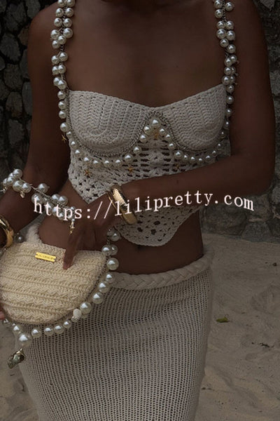 Mirina Hollow Crochet Knit Pearl Trim Heart Collar Crop Vacation Tank