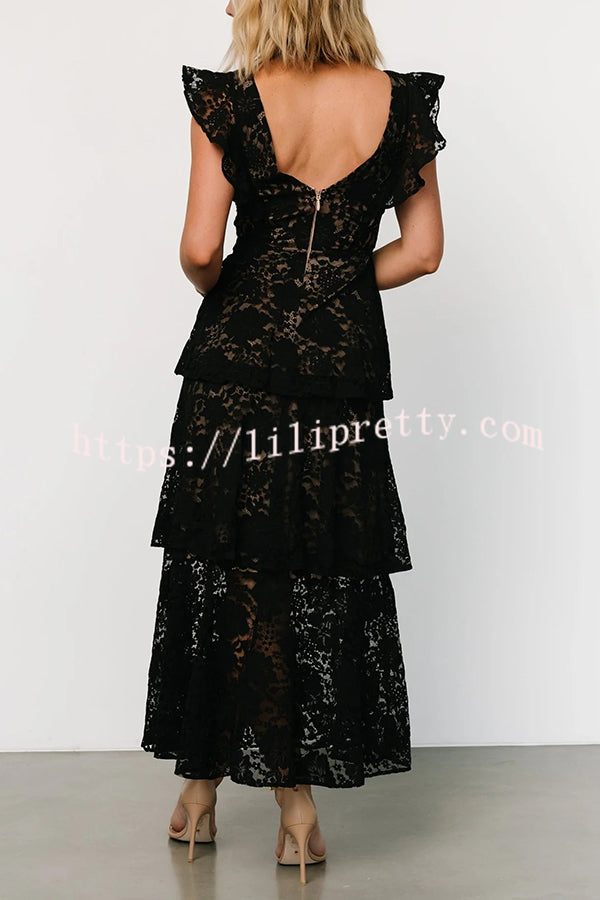 Solid V-neck Ruffled Sleeves Cinched Waist Maxi Dress