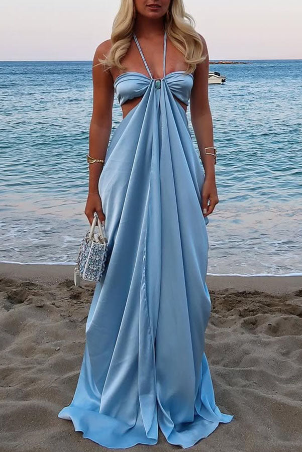 Cinderella Dream Satin Stone Ring Detail Cutout Halter Drape Maxi Dress