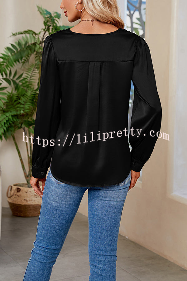 Satin Pleated V-neck Long-sleeved Loose Shirt