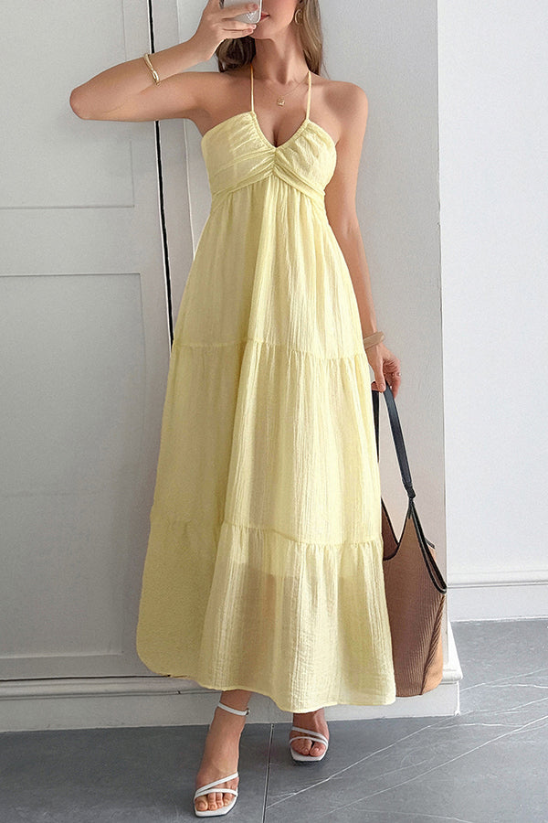 Solid Color Halterneck Tie Casual Holiday Style Maxi Dress