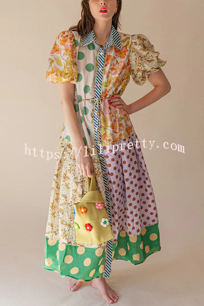 Linen Blend Unique Print Lapel Puff Sleeve Casual Midi Dress