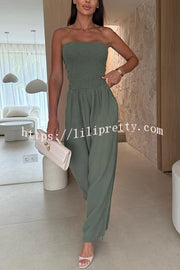 Linen Blend Solid Color Off-the-shoulder Pleated Casual Pocket Wide-leg Jumpsuit