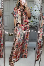Unique Printed Loose Short-sleeved Top and Elastic Waist Casual Wide-leg Pants Set