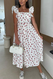 Floral Print Square Neck Pleated Back Midi Dress