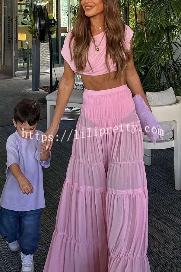 Stunning Chiffon Ruched Shoulder Short Sleeve Crop Top
