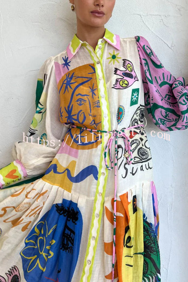 Boldness and Art Unique Print Balloon Sleeve Patchwork Shirt Midi Dress