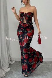 Floral Print Sexy Bandeau Lace-up Top and Slim Mesh Stretch Maxi Skirt Set