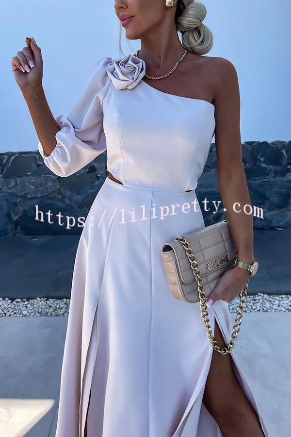 Lilipretty® Full of Charm Rose Embellished One Shoulder Cutout Slit Midi Dress