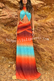 Neon Sunset Mesh Printed Cross Halter Neck Backless Vacation Maxi Dress